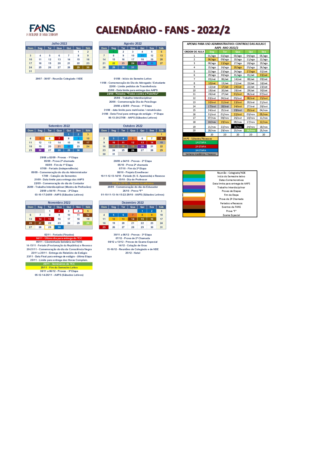 Calendário Acadêmico: Segundo Semestre 2022